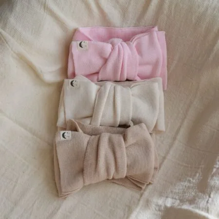 Hodebånd baby | Bomull | Strikkede hodebånd til baby i bomull, oversize knute, beige, rosa og offwhite