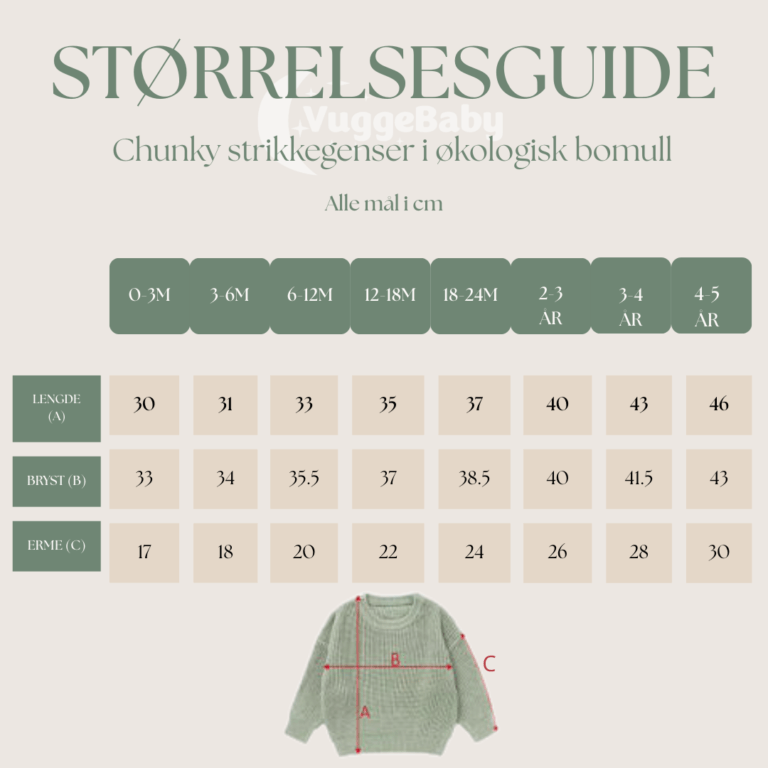 Størrelsesguide chunky strikkegenser fra Vuggebaby | 100% bomull